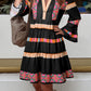 Ethnic Print Buttoned V Neck Bell Sleeve Ruffle Patchwork Dress