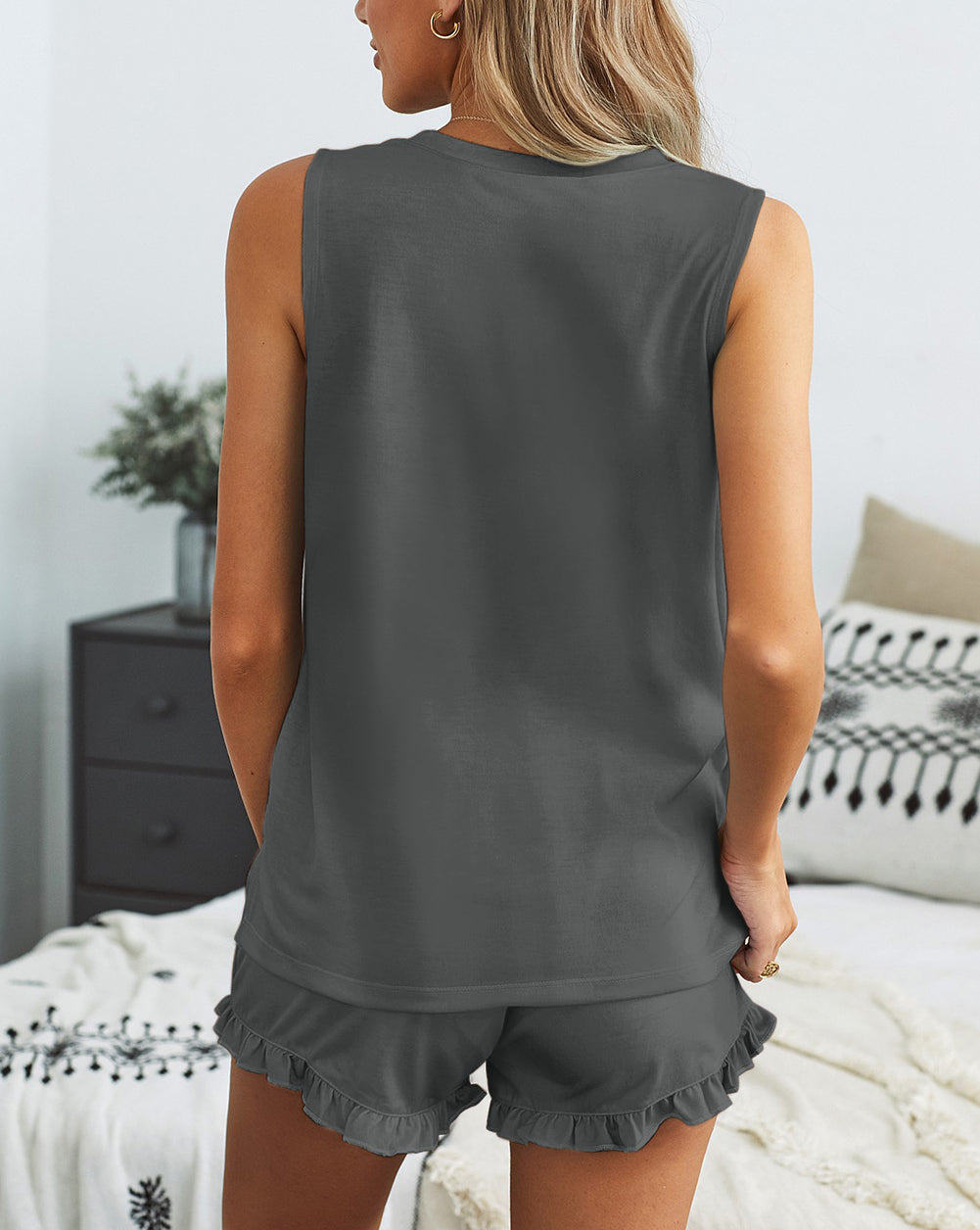 Crew Neck Tank and Drawstring Ruffled Shorts Lounge Set