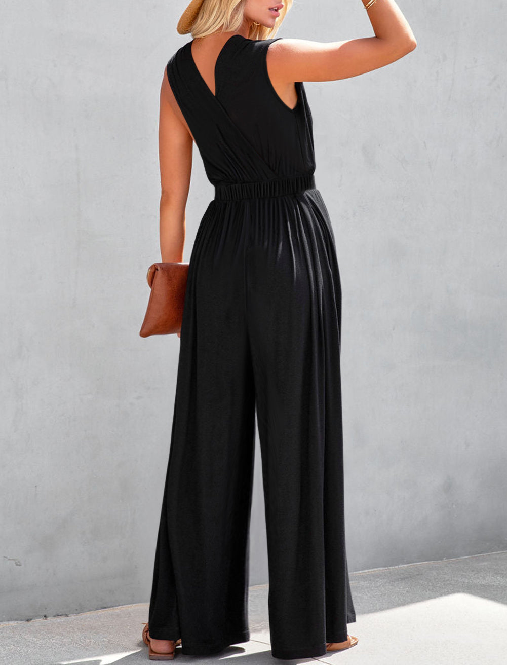 Deep V Pleated Crisscross Wide Leg Backless Jumpsuit