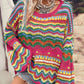 Colorblock Striped Hollowed Knit Loose Sleeve Sweater