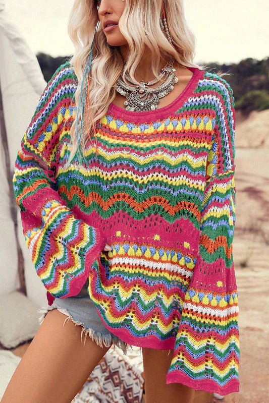 Colorblock Striped Hollowed Knit Loose Sleeve Sweater