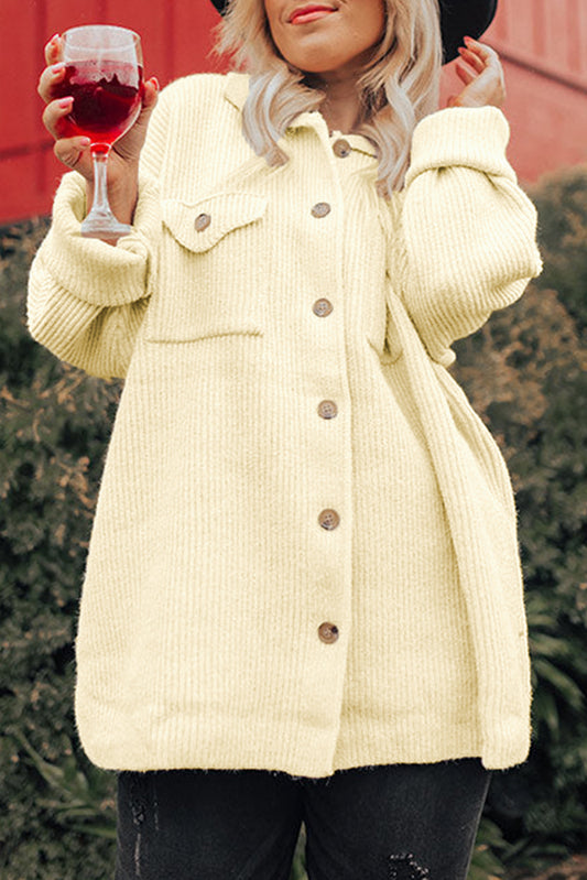 Plus Size Ribbed Flap Pocket Collared Knit Jacket