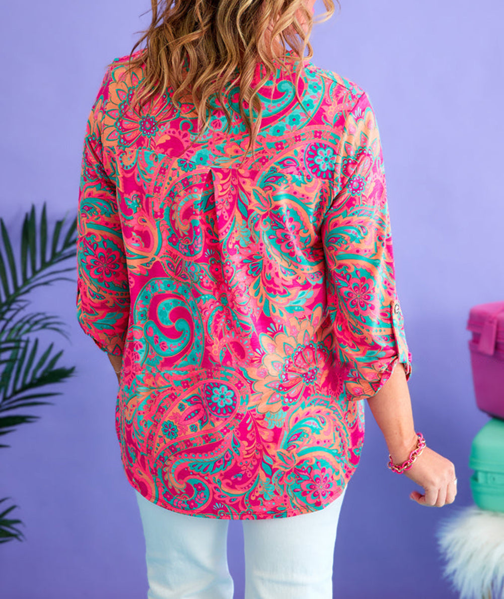 Plus Size Paisley Print V Neck Roll Tab Sleeve Blouse