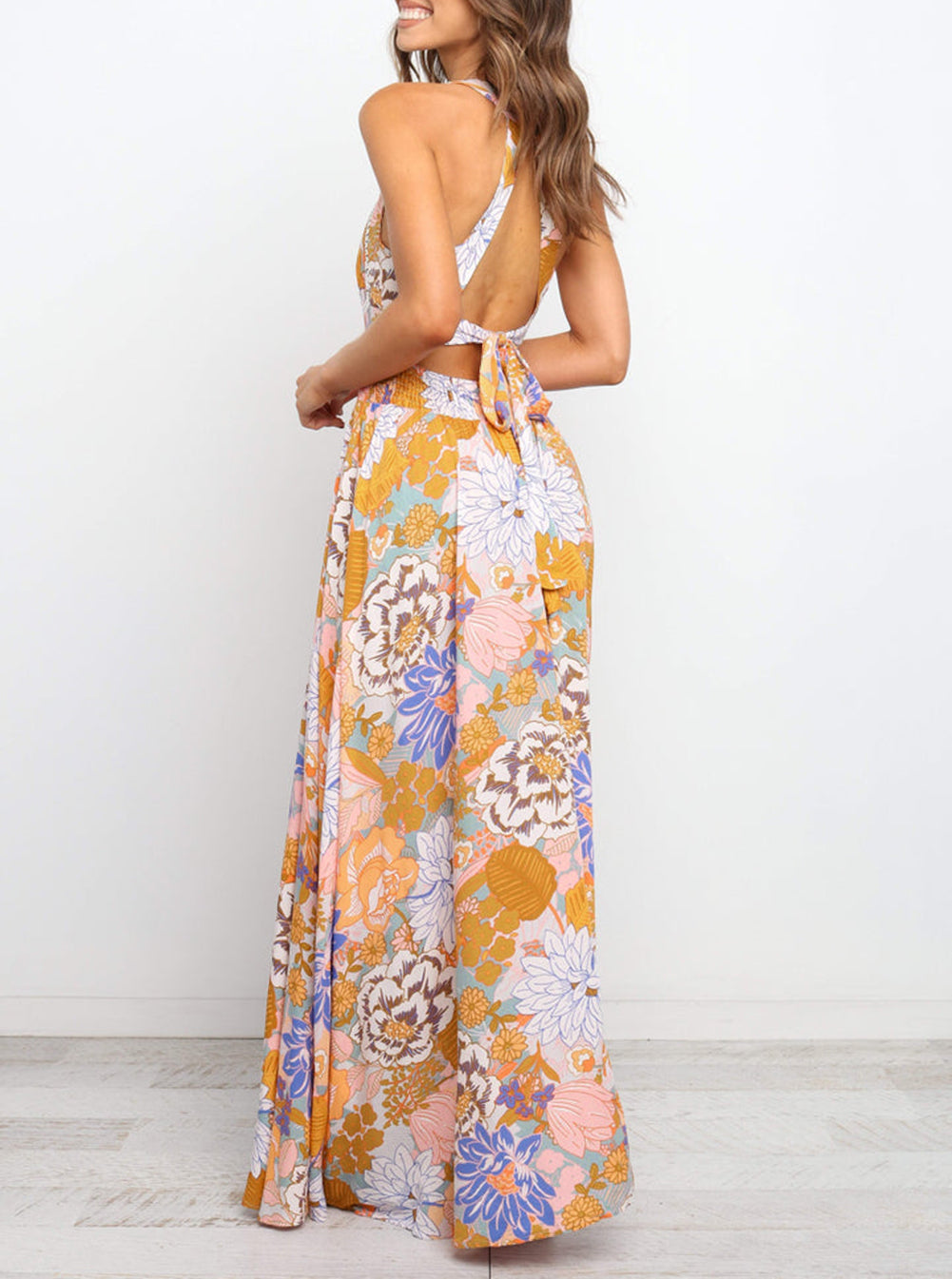 Floral Backless Lace up Sleeveless Maxi Dress