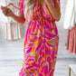 Tropical Leafy Print Drawstring V Neck Midi Dress