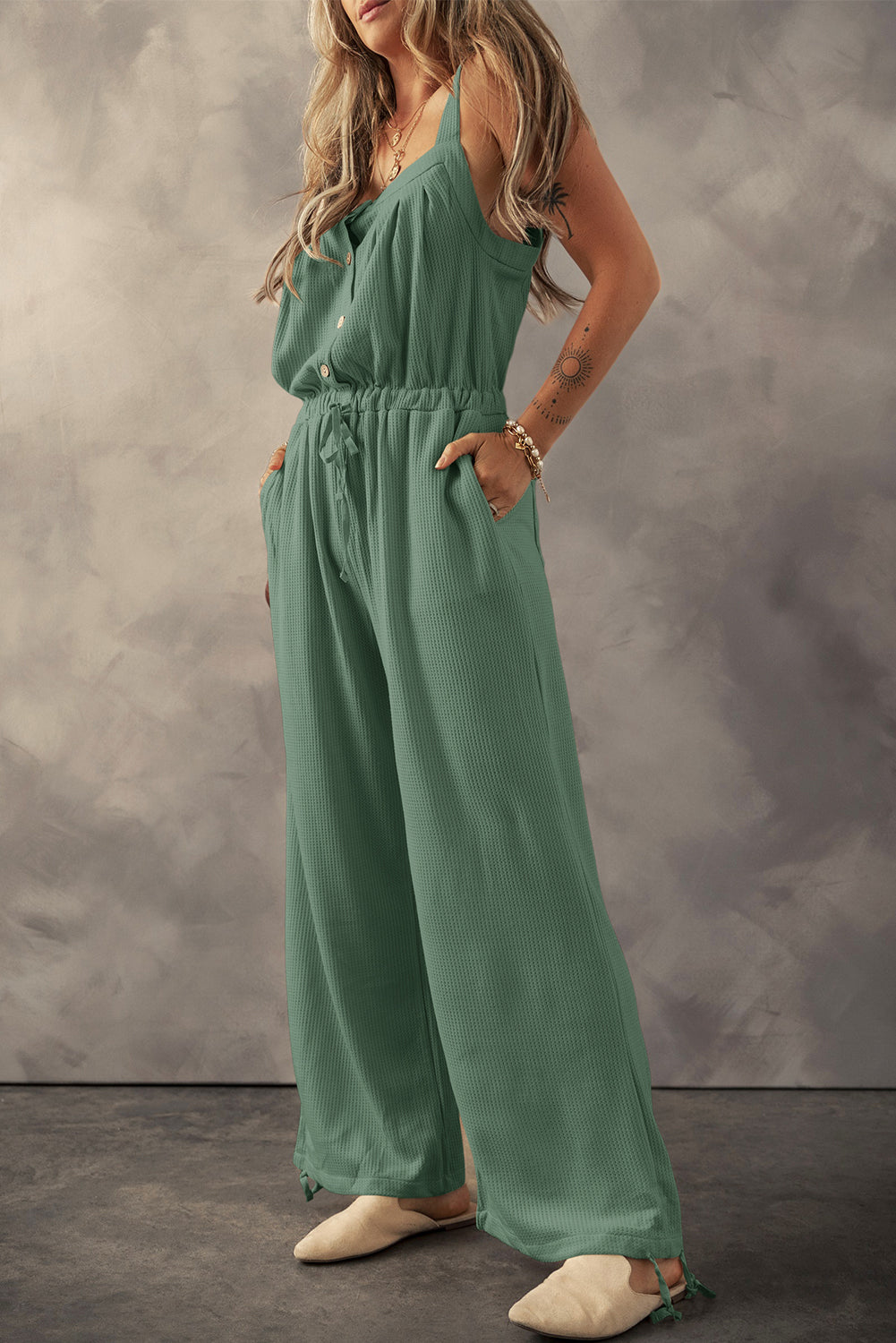 Knotted Straps Button Textured Drawstring Jumpsuit