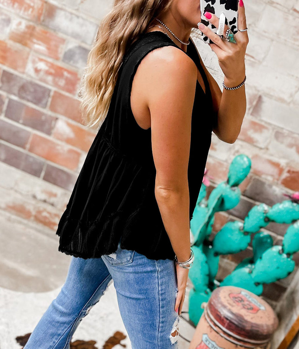 Lace Splicing V Neck Ruffled Babydoll Tank Top