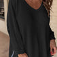 Waffle Knit Side Slits Loose Fit V Neck Top