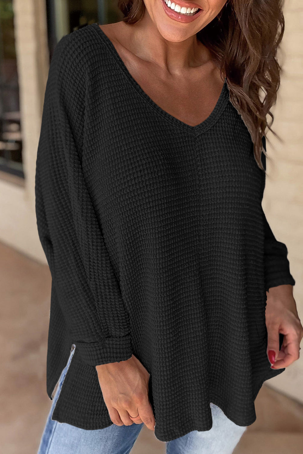 Waffle Knit Side Slits Loose Fit V Neck Top