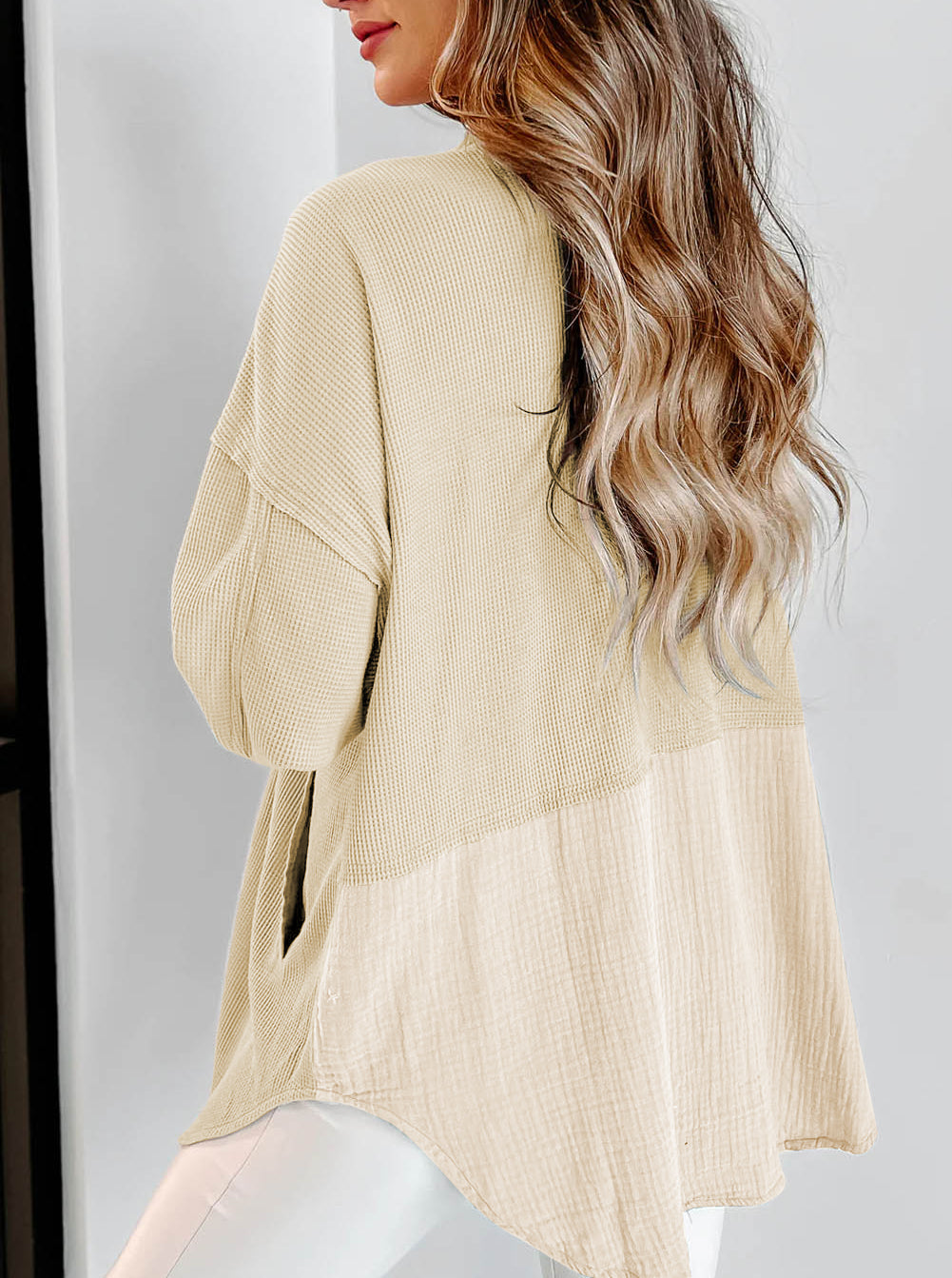 Mix Textured Stitching Flap Pocket Tunic Shacket