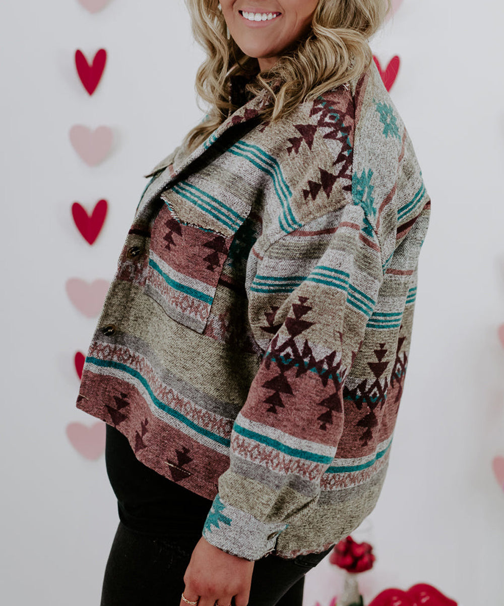 Plus Size Western Aztec Print Button up Jacket