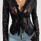 Frilly Tie Front See-Through Floral Lace Blouse