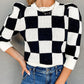 Two Tone Checkered Bubble Sleeve Knit Top