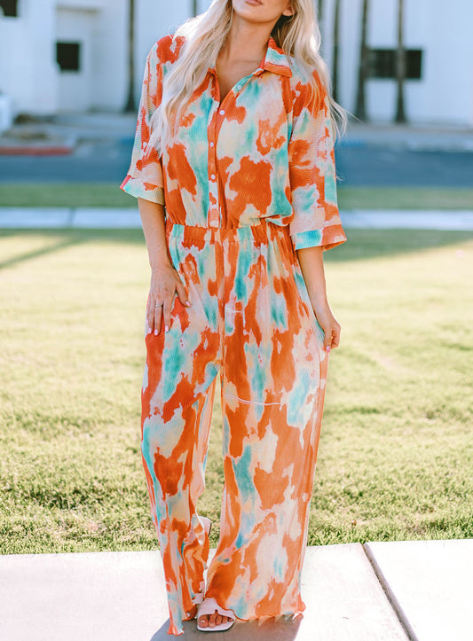Bohemian Tie Dye Pleated Shirt Collar Loose Jumpsuit