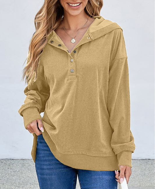 Solid Ribbed Knit Buttoned Drop Shoulder Oversized Hoodie