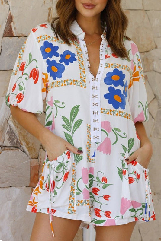 Floral Print Split Neck Pocketed Shirt Collar Romper