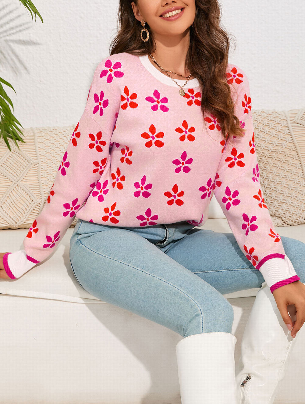 Flower Print Crew Neck Sweater
