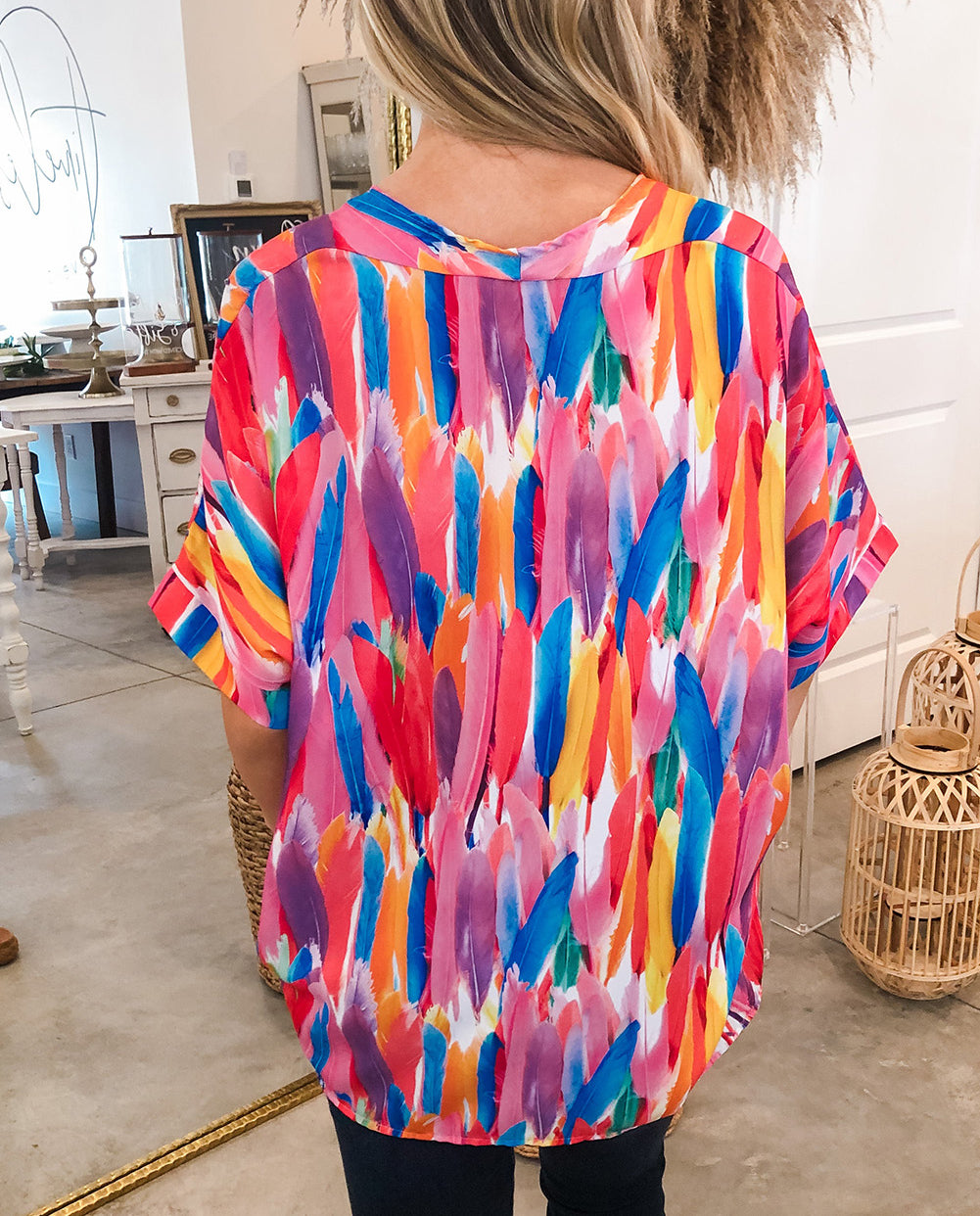 Whimsical Feather Print V Neck Blouse