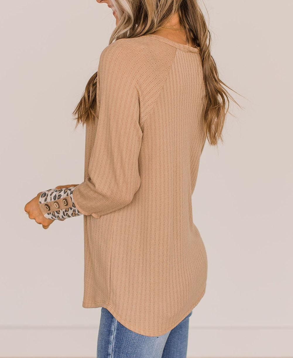 Leopard Cuffs Ribbed Henley Top