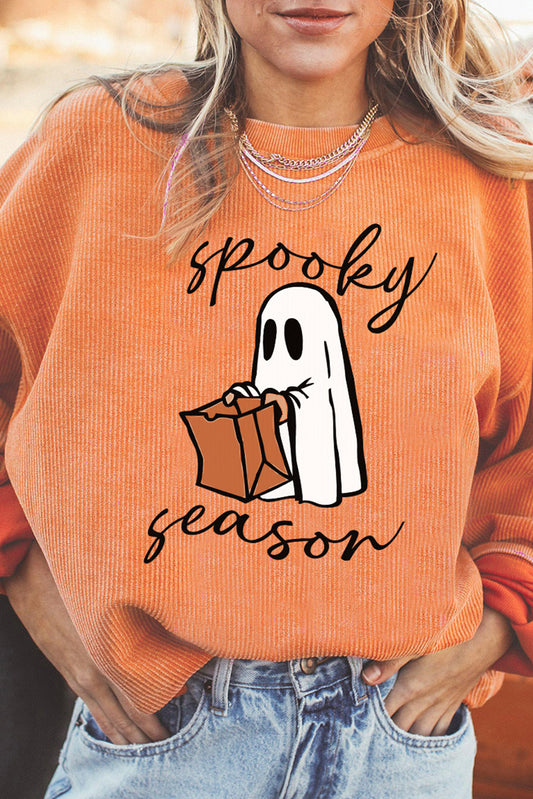 Spooky Season Ghost Print Ribbed Pullover Sweatshirt