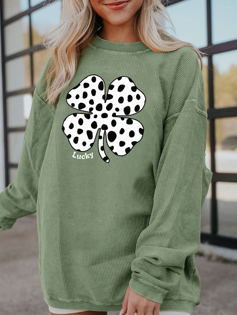 Western Cow Clover Print Crewneck Corded Sweatshirt