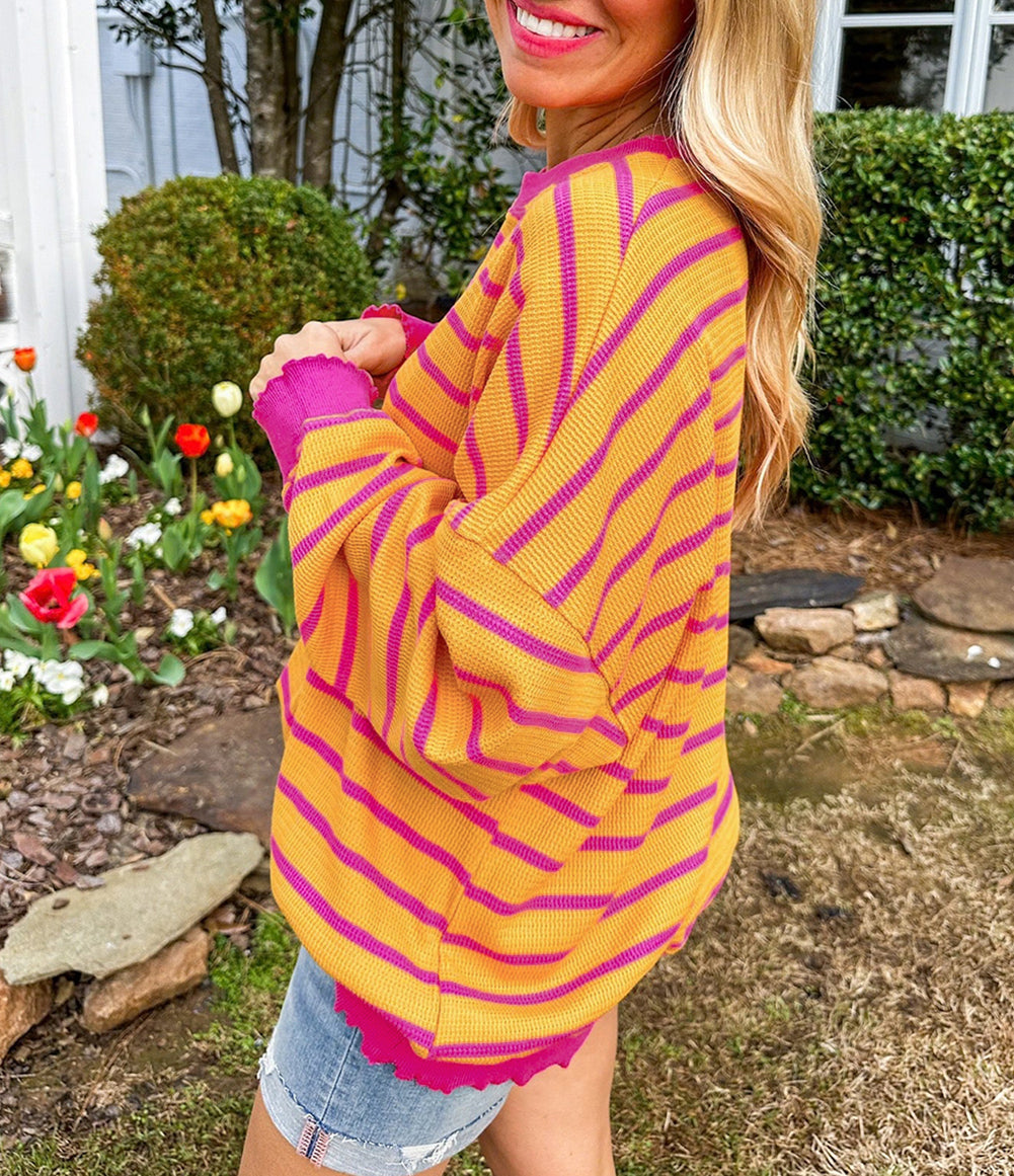 Stripe Trimmed Round Neck Drop Shoulder Loose Sweater