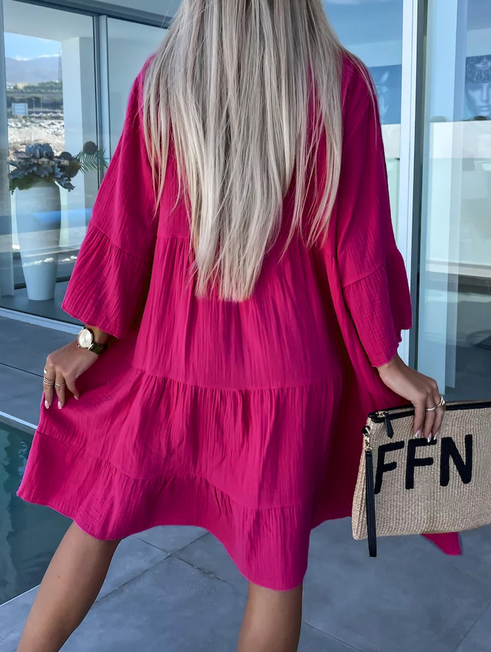 Crinkled Tiered Split Neck Shirt Dress