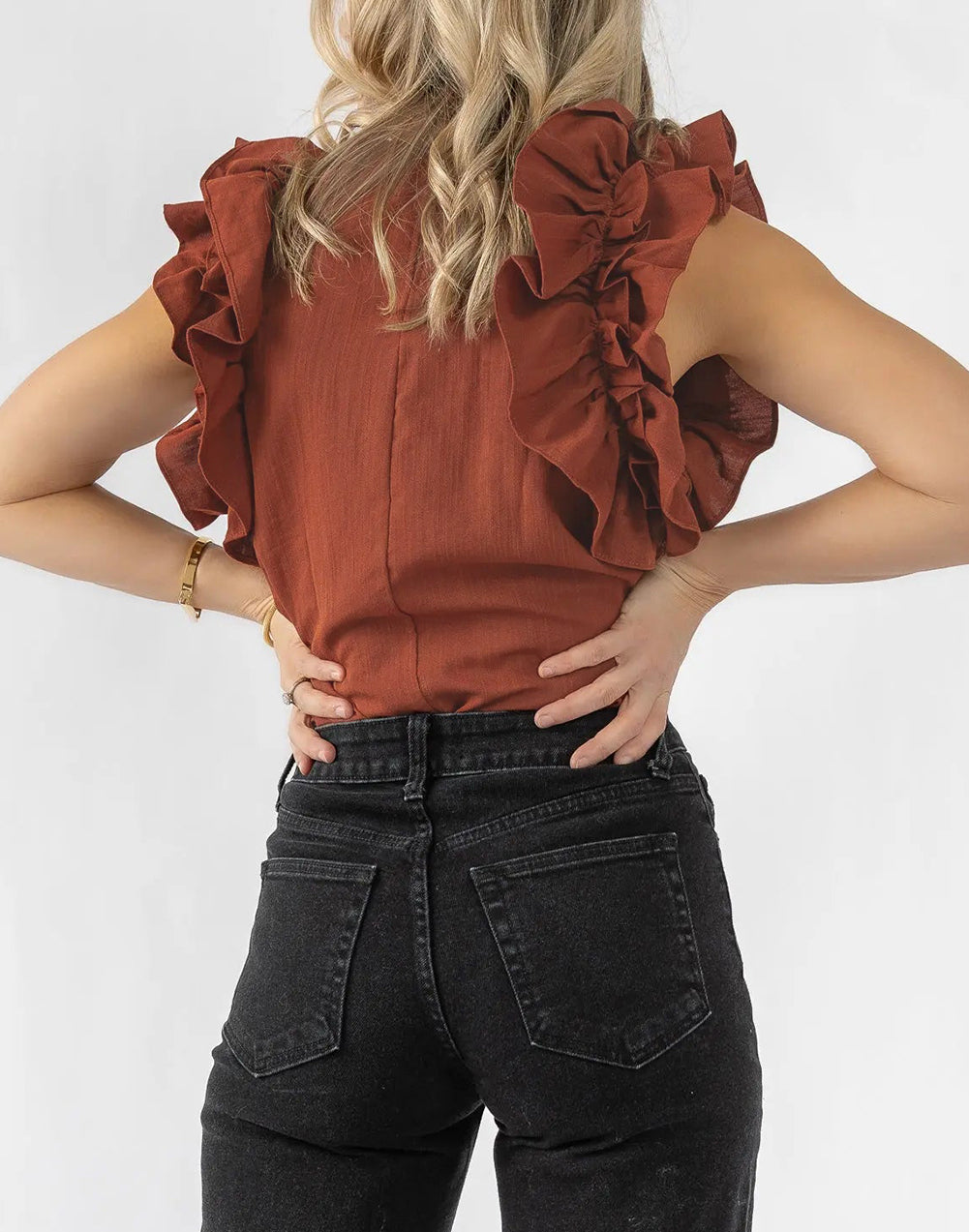 Sandalwood Ruffle Trim Sleeveless Blouse