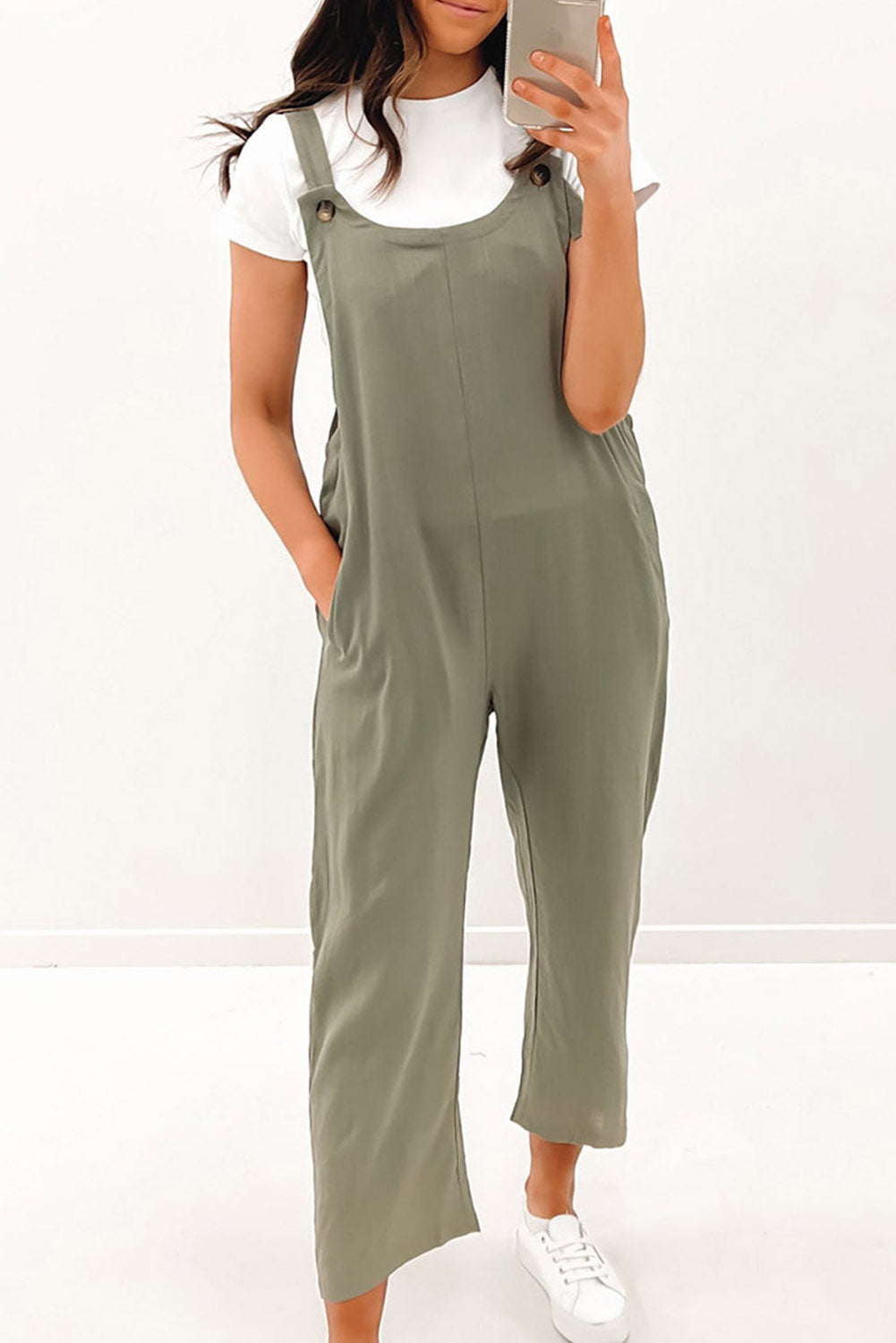 Button Straps Pocketed Cropped Jumpsuit