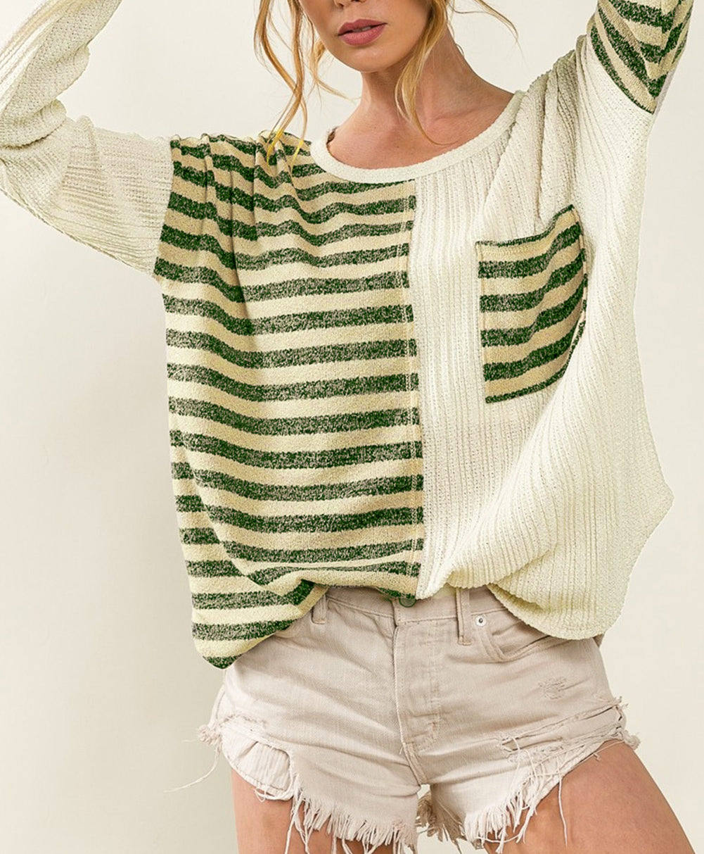 Striped Patch Textured Fabric Long Sleeve Top