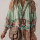 Printed Floral Patchwork Frilled Split Neck Blouse