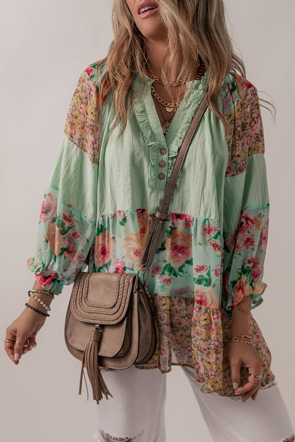 Printed Floral Patchwork Frilled Split Neck Blouse