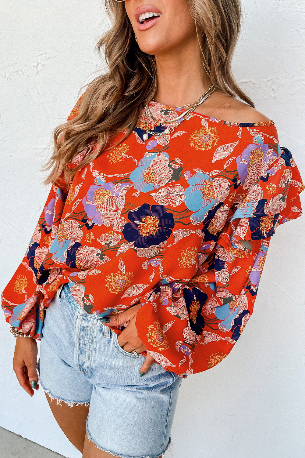 Floral Print Ruffle Puff Sleeve Blouse