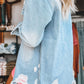 Light Wash Distressed Frayed Long Denim Jacket
