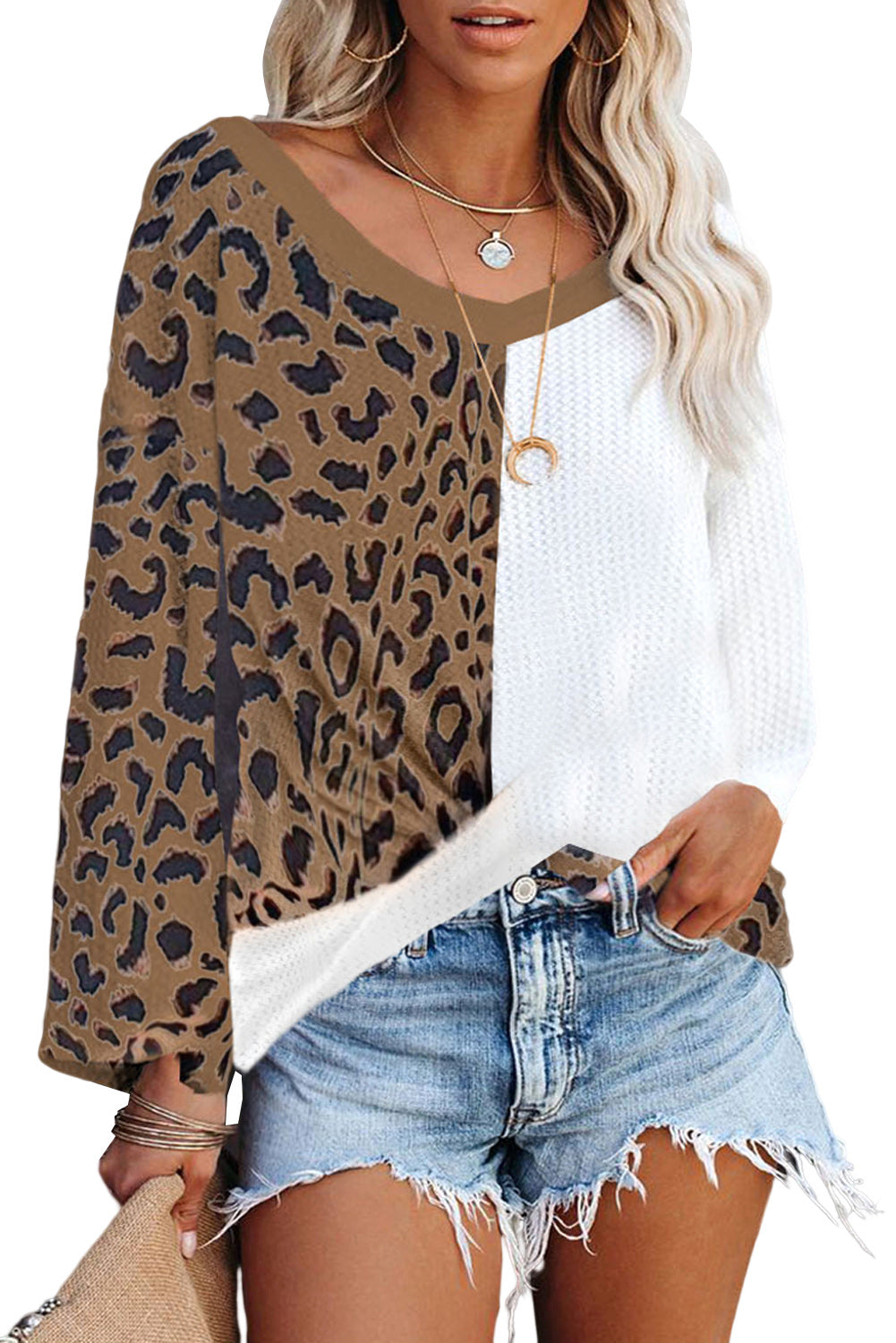 Leopard Contrast Waffle Knit Twist Hem V Neck Top