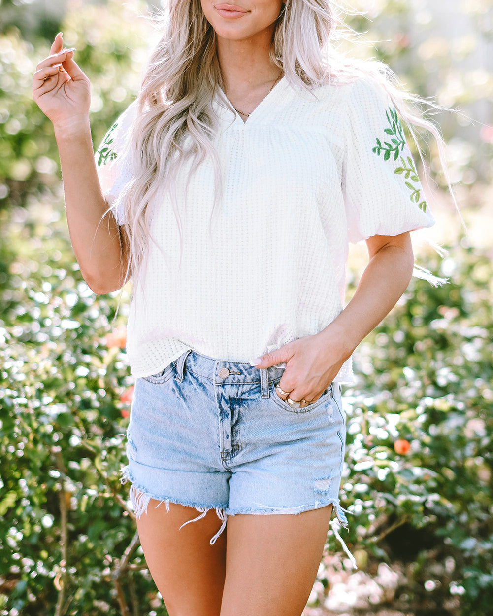 Floral Embroidered Puff Sleeve Notched Neck Blouse