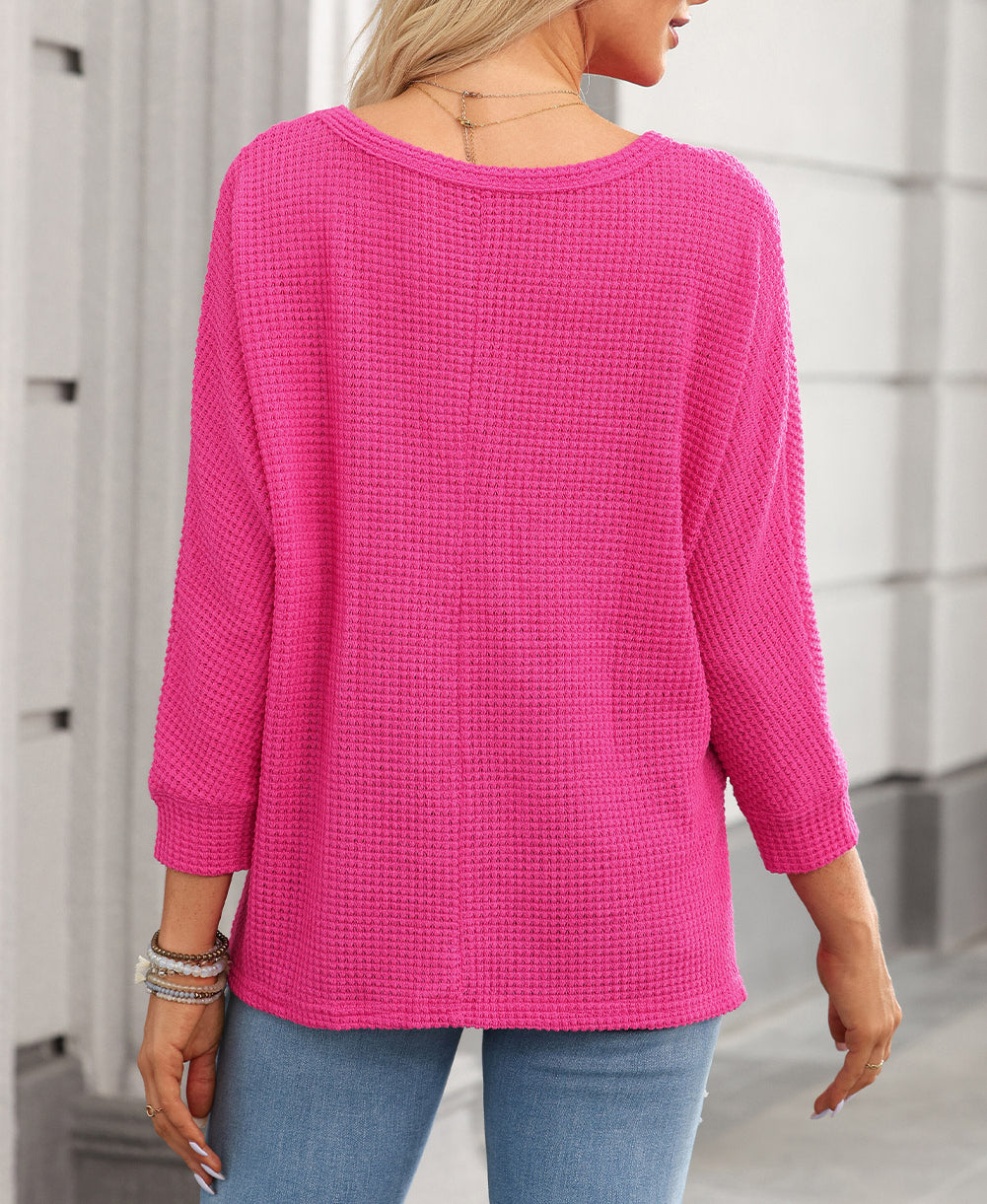 Textured Center Seam Long Sleeve Split Top