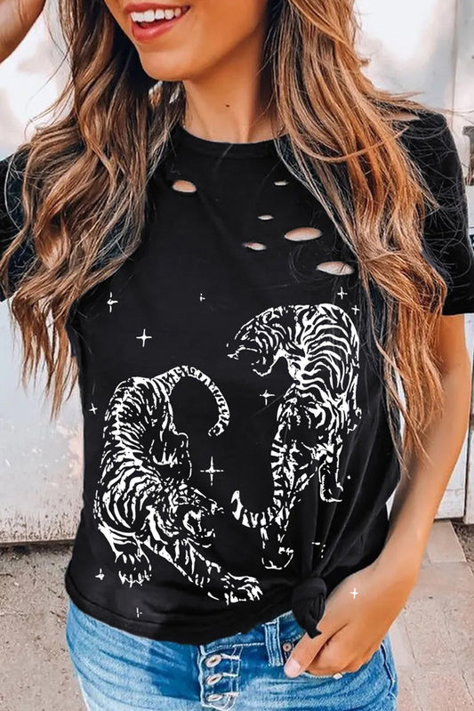 Tiger Print Cut Out Distressed O Neck T Shirt