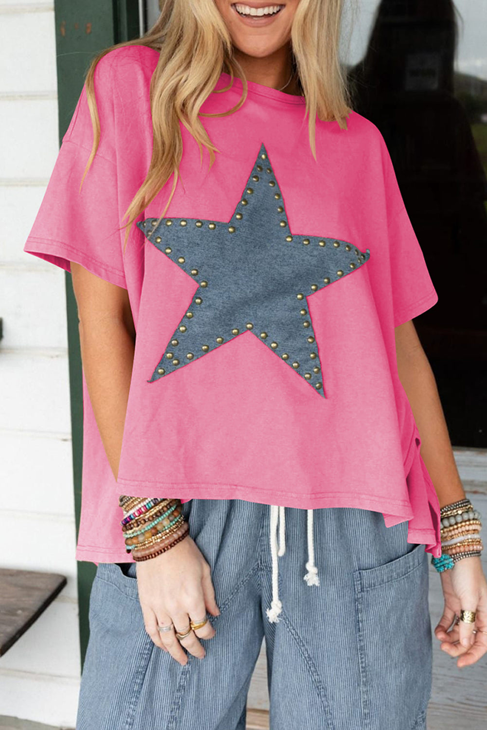 Mineral Wash Studded Star Patch Graphic High Low Tee