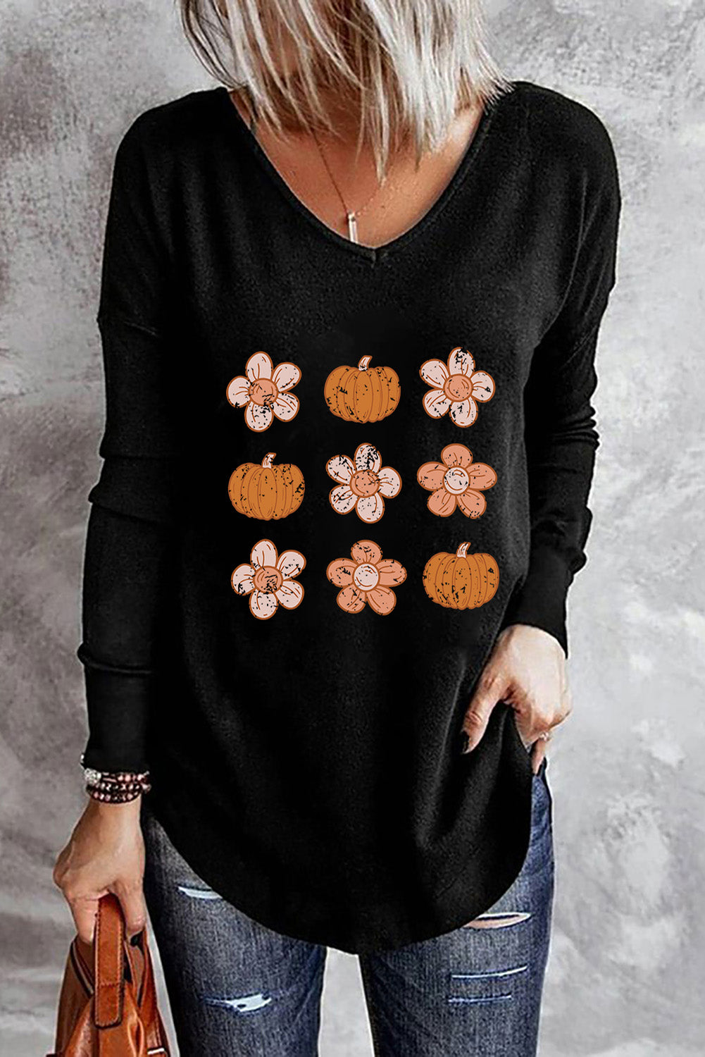 Flower Pumpkin Print Long Sleeve T Shirt