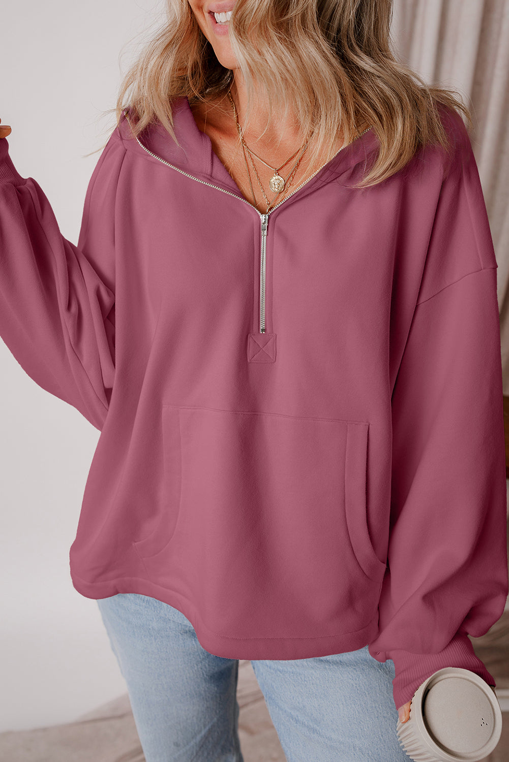 Fleece Lined Half Zipper Kangaroo Pockets Loose Hoodie