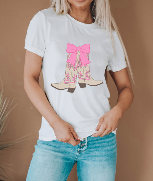 Western Boots Bow Print Round Neck T Shirt