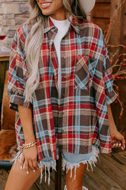 Red Loose Bracelet Sleeve Plaid Shirt