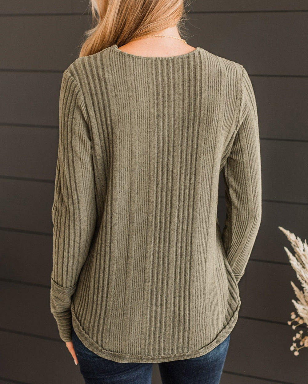 Green V Neck Buttoned Ribbed Knit Top