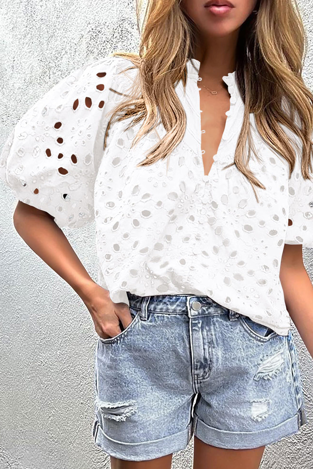 Flower Embroidered Hollow-out Puff Sleeve Blouse