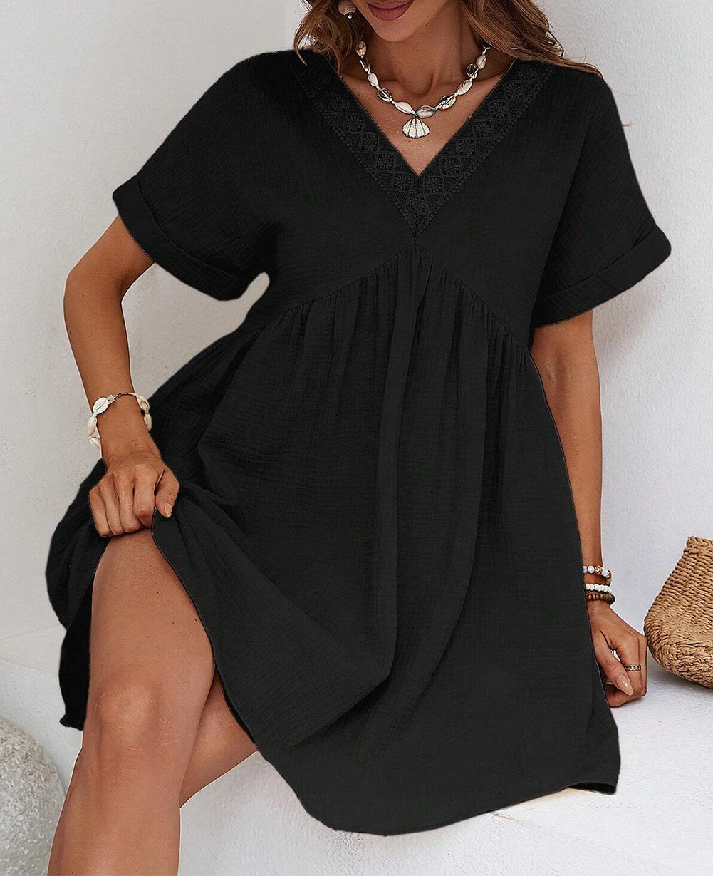 Folded Short Sleeve Lace V Neck Mini Dress