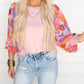 Floral Print Balloon Sleeves Crew Neck Blouse