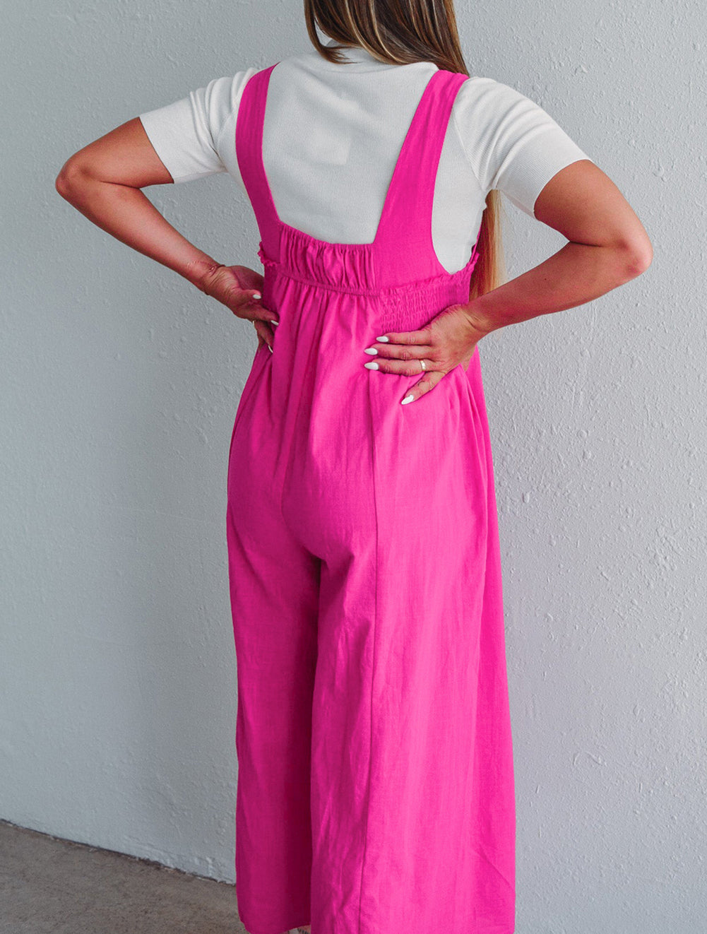 Wide Straps Smocked Detail Wide Leg Overalls
