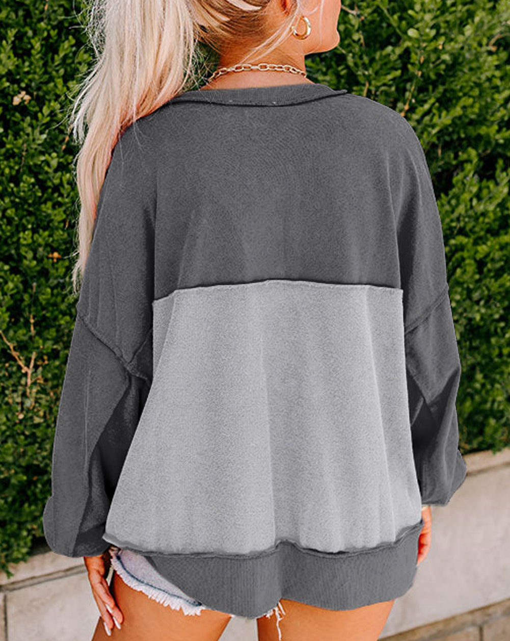 Drop Shoulder Henley Buttons Sweatshirt