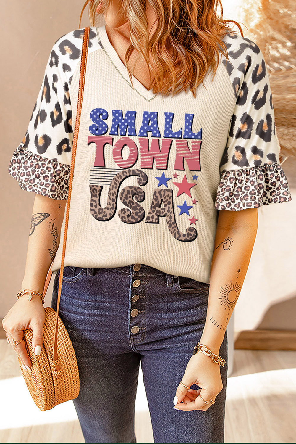 SMALL TOWN USA Graphic Waffle Knit Ruffle Sleeve T Shirt